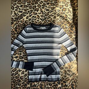 American Eagle Outfitters Black and Gray Striped Ribbed Long Sleeve Tee